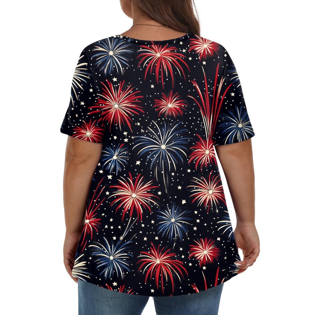 Damenmode Lässig V-Ausschnitt Pullover Kurzarm Übergröße Bedrucktes T-Shirt Top