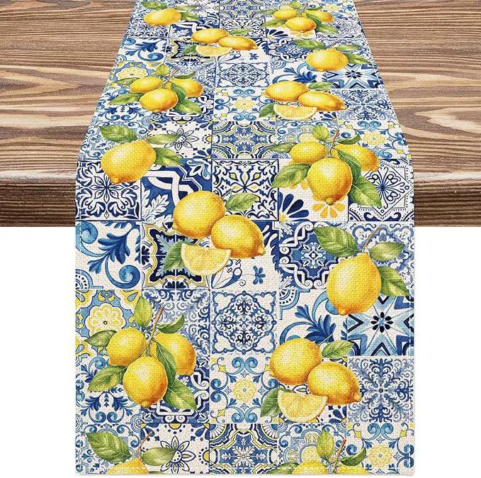 Chemin de table d'été Citron Bleu Iris, Décoration de table de cuisine et de salle à manger saisonnière de printemps pour la décoration de fête à la maison 33x120cm
