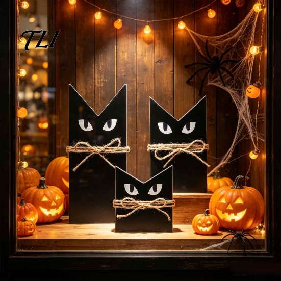 Black Cat Statue 3 Pcs Halloween Wooden Block Sign, Vintage Table Decoration Decor with Burlap Rope, Rustic Farmhouse Tiered Tray Centerpiece