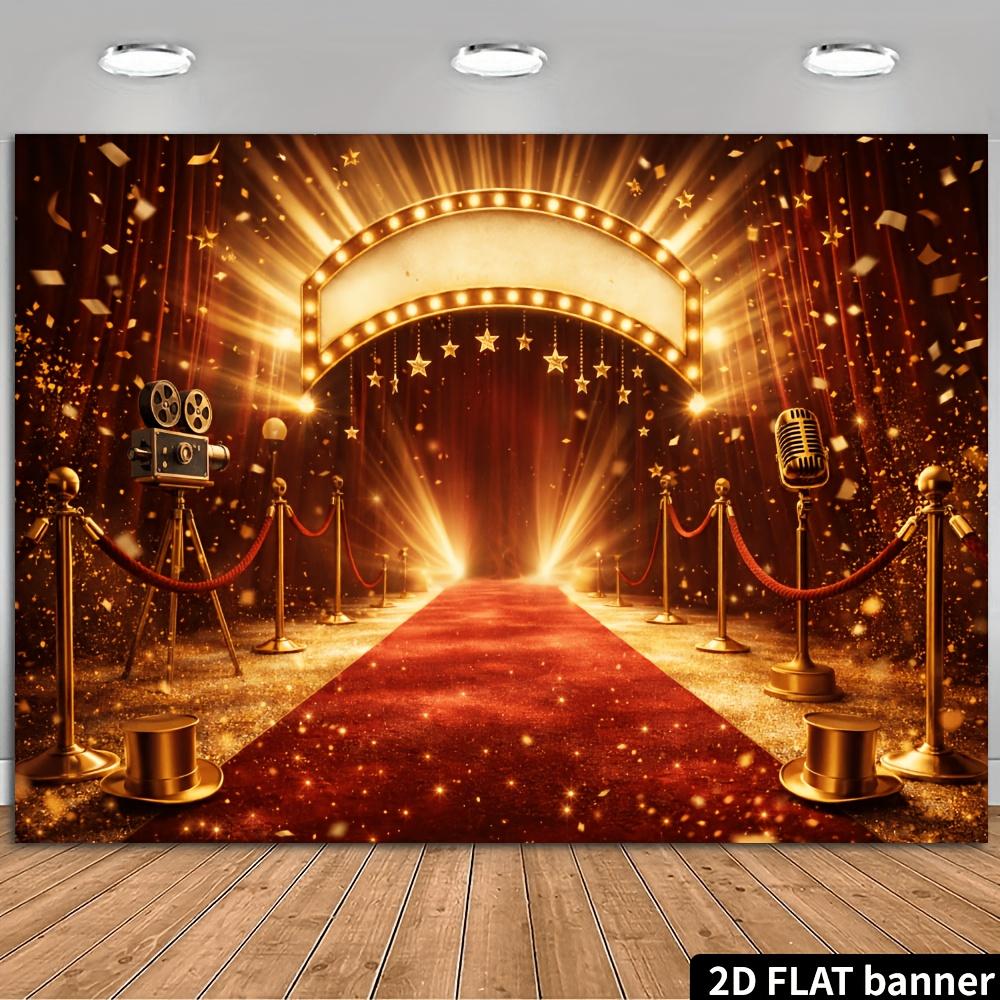 2D Flat Banner - Hollywood Red Carpet Party Background Fabric, featuring golden film cameras and microphones elements.zyc