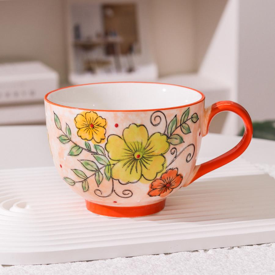 Rustikale handbemalte florale Keramik-Frühstückstasse, 500 ml Fassungsvermögen, Kaffeetasse mit buntem floralem Muster, Haushaltsmilchtasse