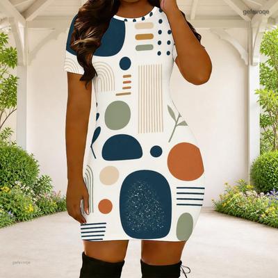Women Plus Size Round Neck Short Sleeve Abstract Geometric Printed Fitted Mini Dress