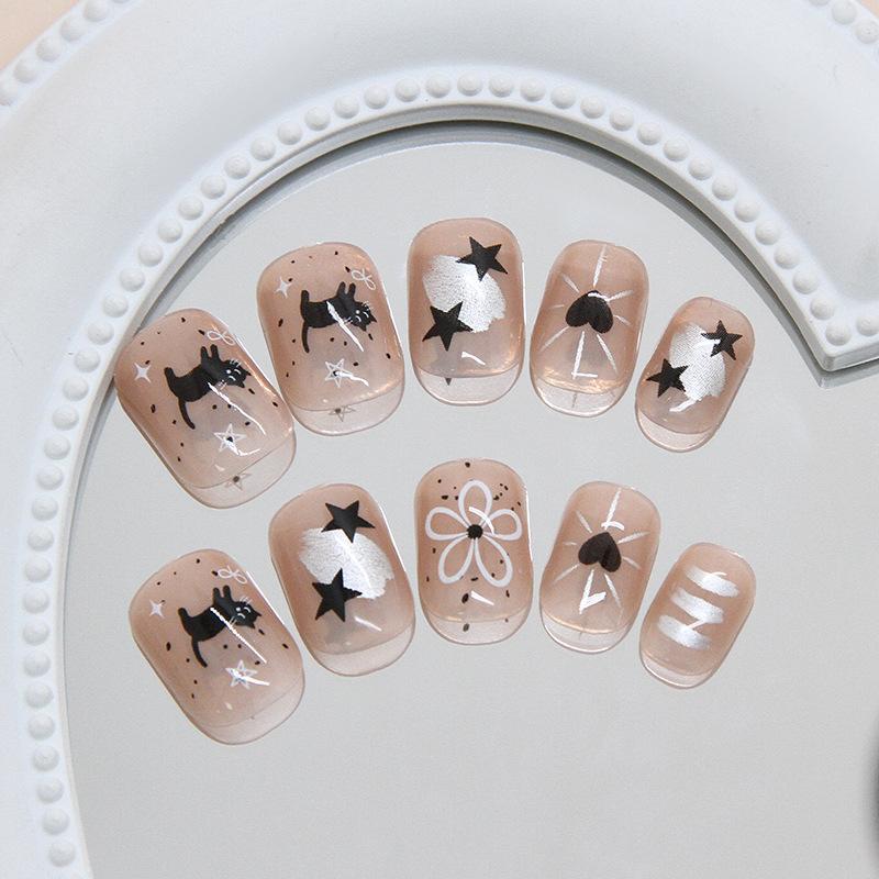 Estrela Amor Desenho Animado Gato Flor Curto Removível Nail Art 24 Peças