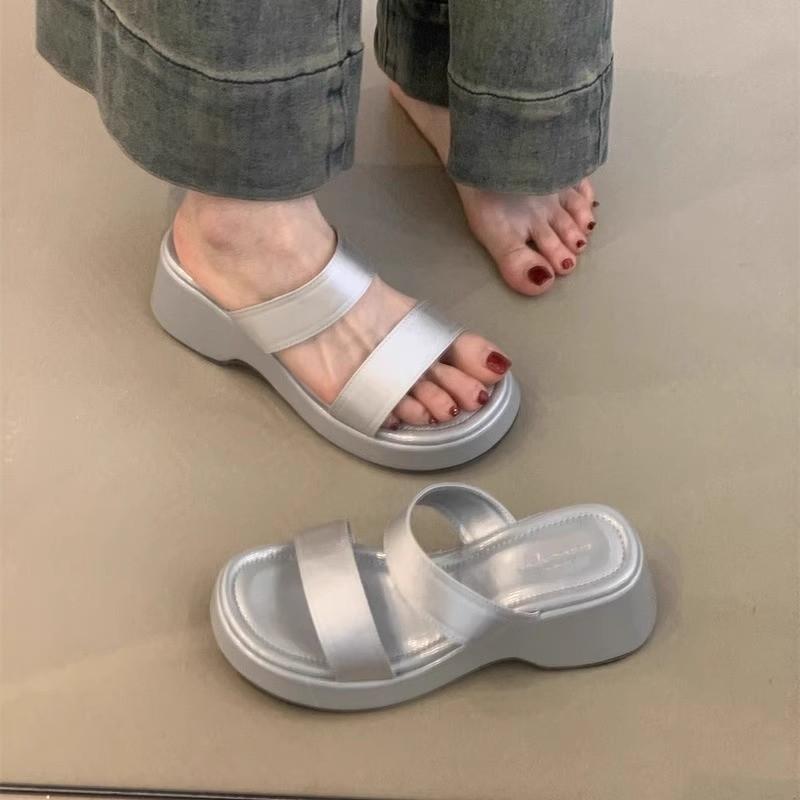 With skirt fairy style satin word with thick bottom slope heel slippers female summer wear French stunning high heel cool slippers