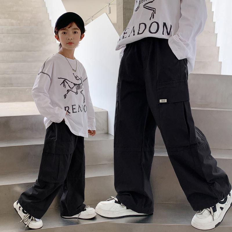 Boys Solid Color Cotton Casual Cargo Pants Spring Autumn Loose Long Trousers For Big Kids
