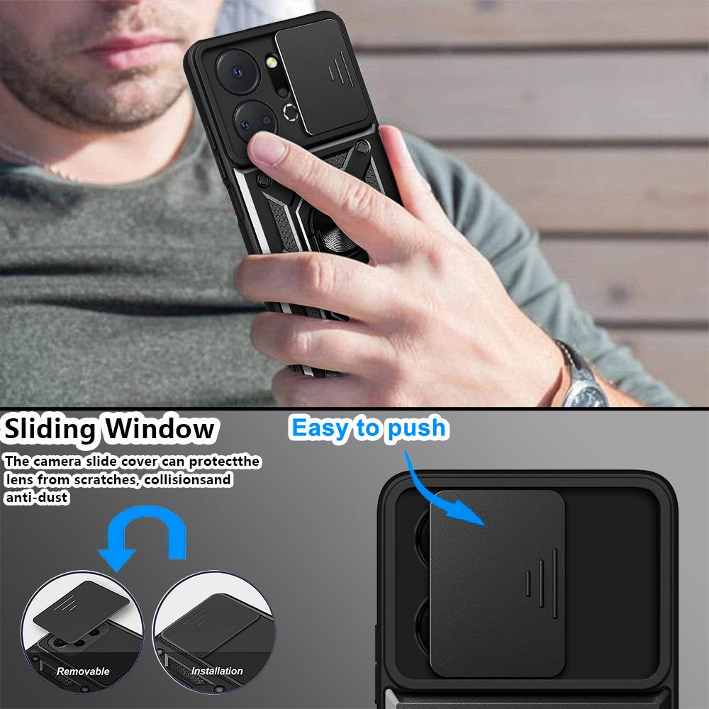 For Honor X7a 5G Kickstand Phone Case PC+TPU Phone Cover with Slide Camera Lens Protection