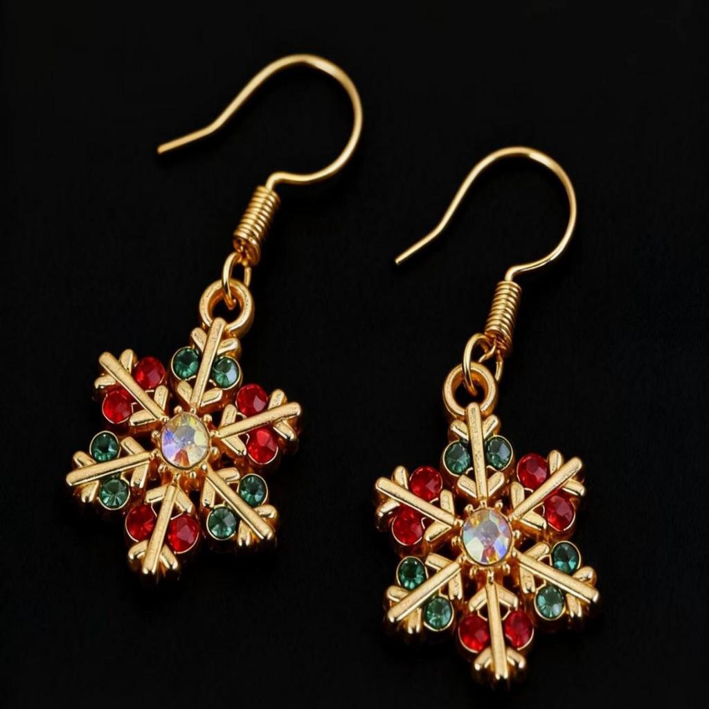 Boucles d'oreilles pendantes flocon de neige strass colorés 2025 - Design élégant à six pétales pour bijoux de Noël pour femmes