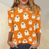 Women’s Casual Three Quarter Sleeve Halloween Print Crew Neck Top with Relaxed Fit for Seasonal Wear and Everyday Outfits