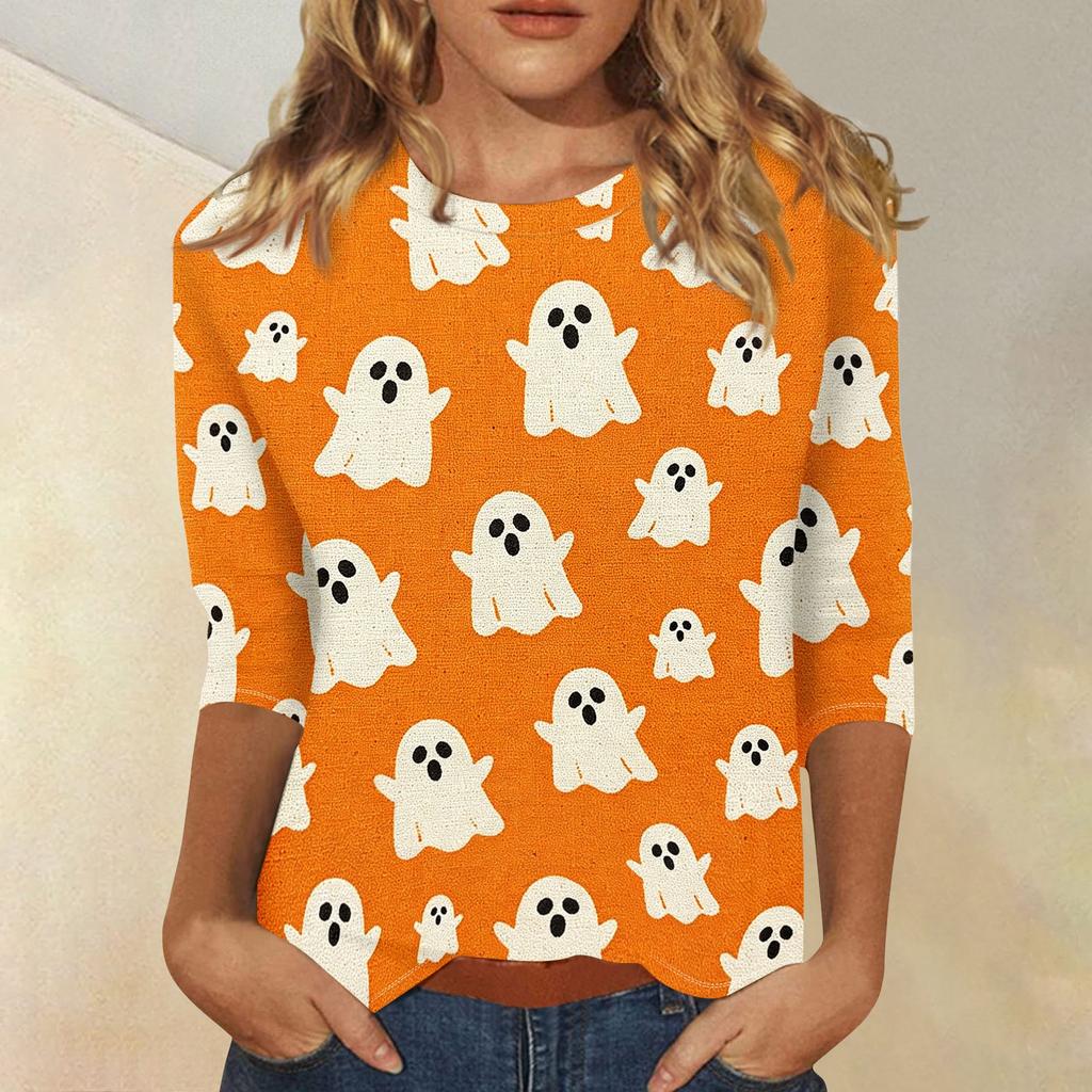 Women’s Casual Three Quarter Sleeve Halloween Print Crew Neck Top with Relaxed Fit for Seasonal Wear and Everyday Outfits