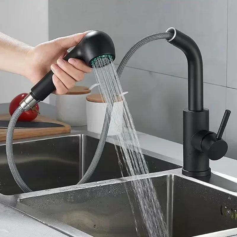 Spray Kitchen Faucet Stainless Steel Pull Out Rotation Faucet Hot Cold Mixer Tap Single Handle Kitchen Sink Faucet Deck Mounted