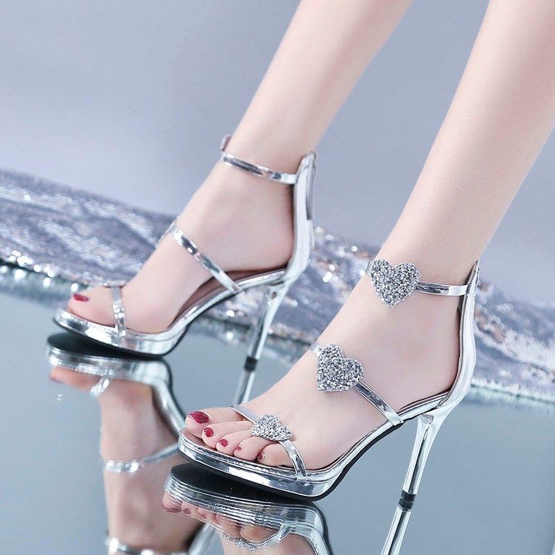 Women's Sandals Rhinestones Sexy Thin Heels Ladies Shoes Summer Sale Asian Size 2025 Trend Luxury New Breathable Fashion Casual