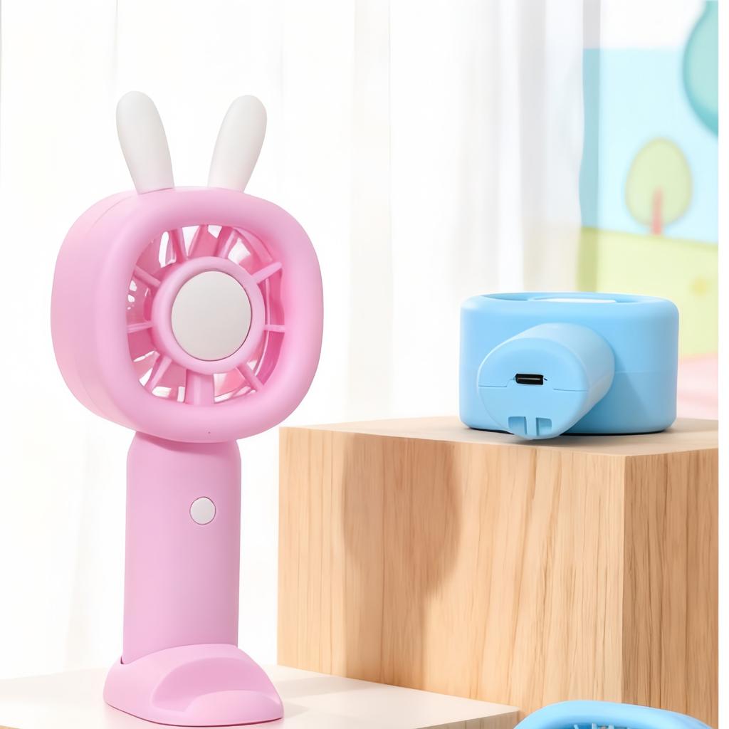 New Cute and Adorable Bunny Handheld Portable Mini Fan with Base and Desktop Mini Charging Fan