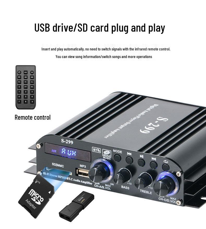 Bluetooth 4.1 Channel Professional Power Amplifier with USB & Card Slot for Home/Car - Super Bass