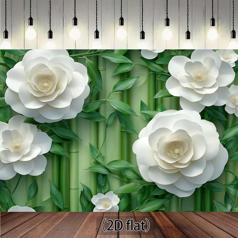 

2D White Camellia & Green Bamboo Backdrop Floral Nature Photography Background 47.2x31.5inch/120*80cm
