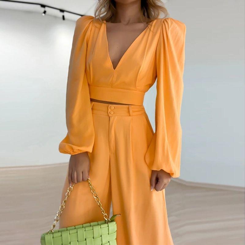Women's V-neck Long Sleeve Shirt High Waist Wide Leg Pants Fashion Casual Set V-Neck Two-Piece Set