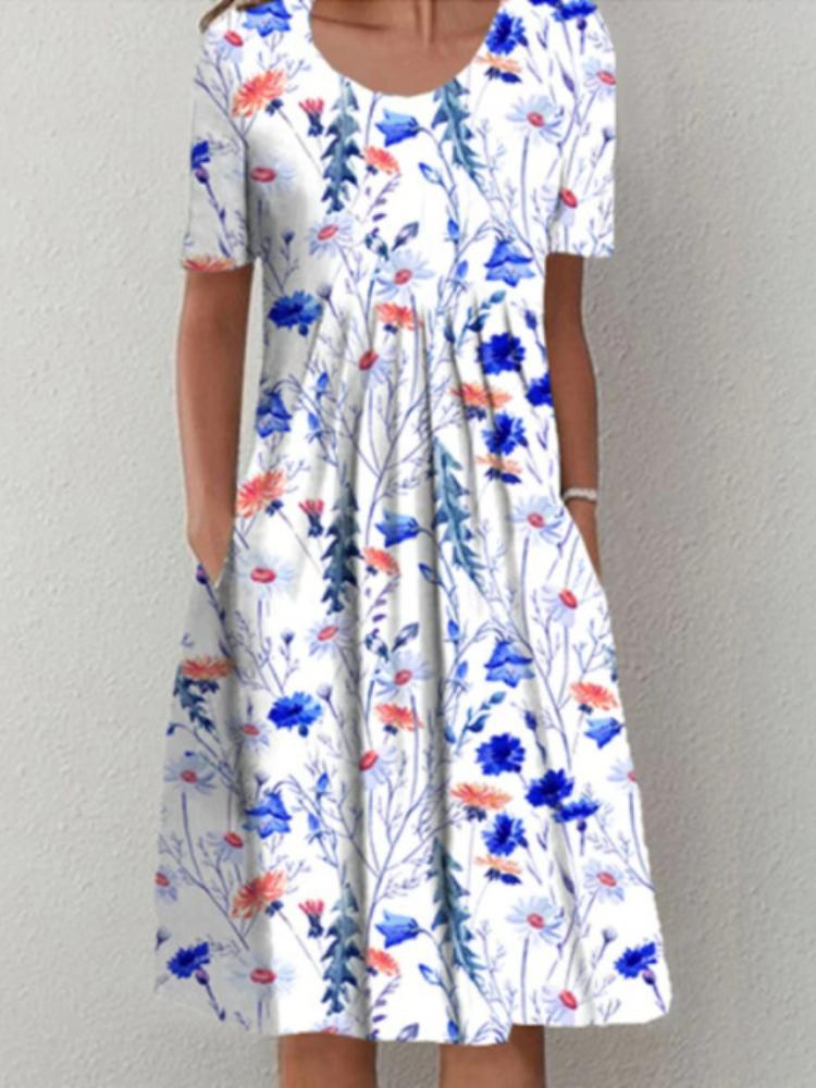 

Плюс Размер Женский Летний Повседневный Модный Круглый Вырез Короткий Рукав Принт Пуловер Свободное Платье XXXL тёмно-синий/белый