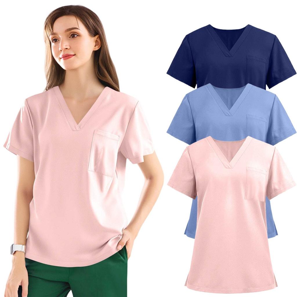 3PC Women's Fashion Solid Short Sleeve V Neck Pattern Tops Pocket Working T-shirts