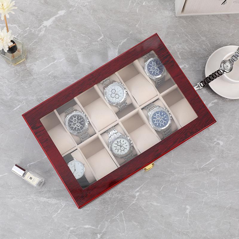 Luxusní dřevěná krabička na hodinky v evropském stylu s průhledným odklápěcím víkem a přezkou, červený 12místný displej