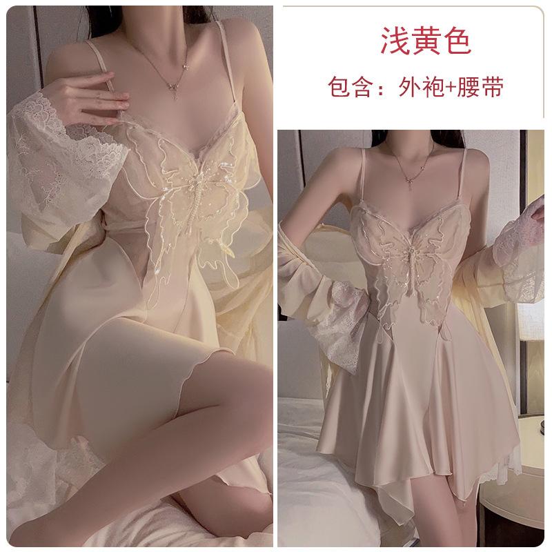 Women's Plus Size Sheer Mesh Butterfly Removable Pads Low Cut Backless Sleep Dress Set