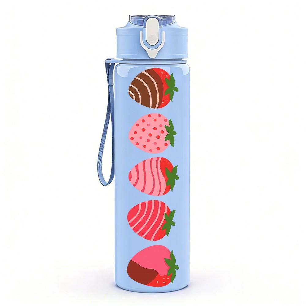 1PC Vertical Strawberry Slices 750ml Color Plastic Sports Water Bottle Leakproof Flip Straw Lid Suitable for Sports Office Home Use