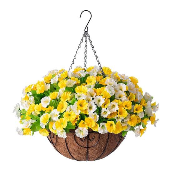 Artificial Hanging Fake Flowers with Basket Outdoor UV Resistant Faux Silk Morning Glory Vines Plants for Porch Patio Garden Balcony Yard Spring