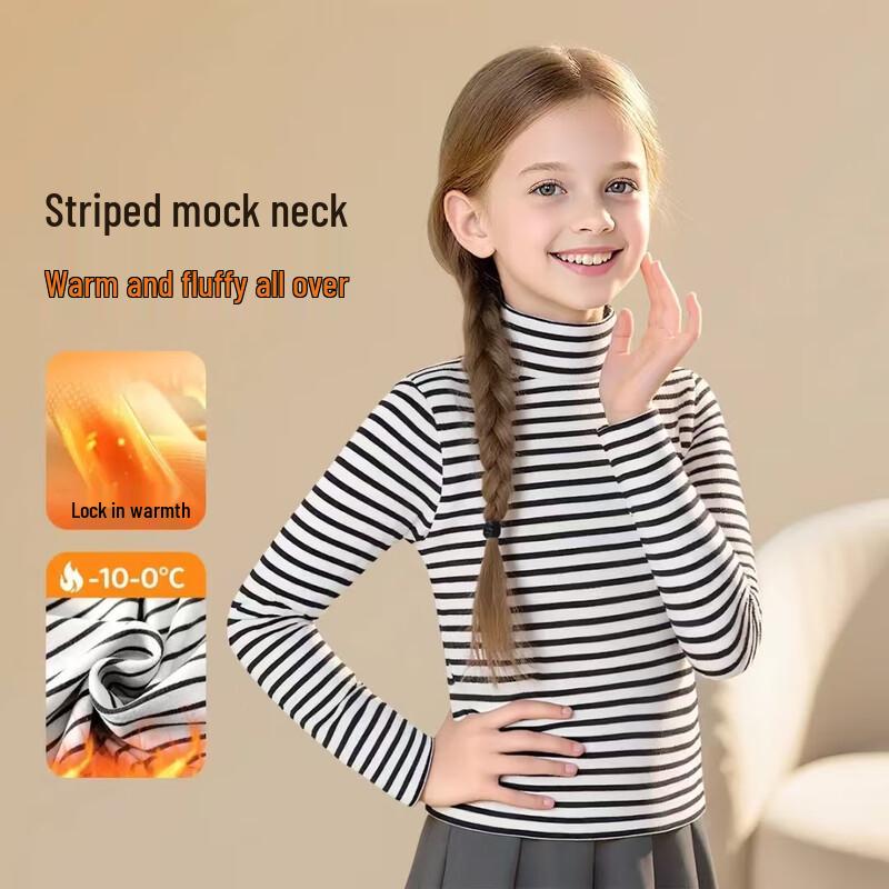 Yiershuang Girls' Striped Thermal Half-High Neck Long-Sleeve Top