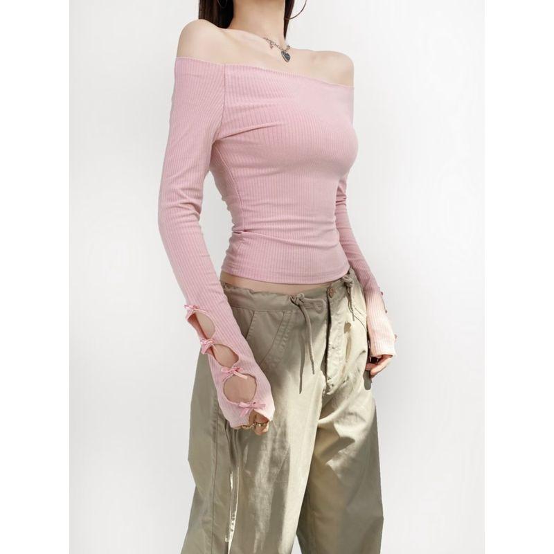 Za2024 Spring New Women's Clothing off-Shoulder Cut Out Design Silm off-Shoulder Long Sleeves Cuff Bow Top