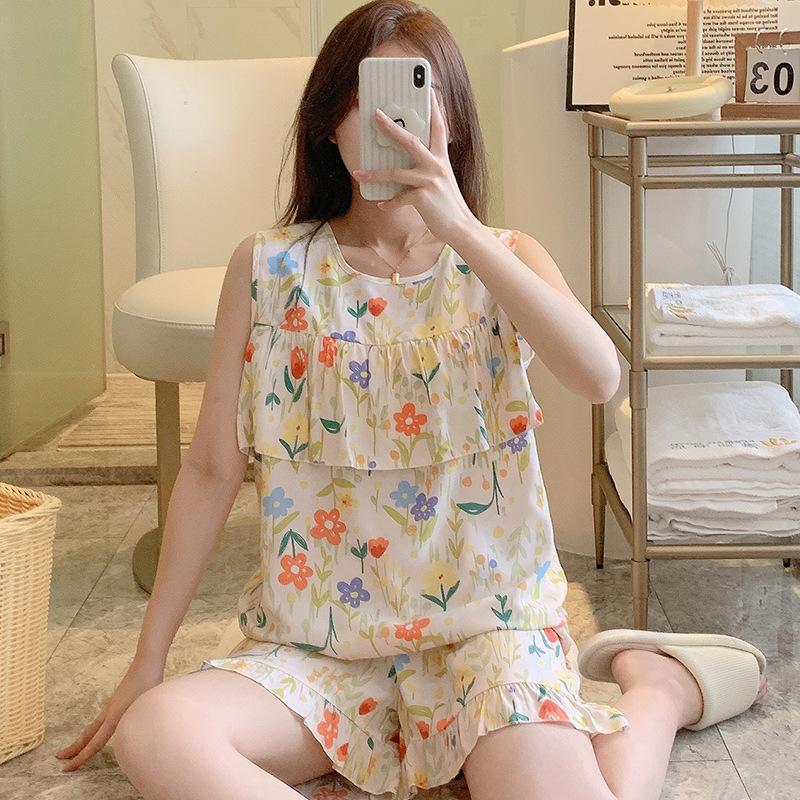 Anti-bumping Pajamas Women's Summer Vest Shorts Set Cotton and Silk Loungewear Can Be Worn Outside Loose Large Size Sweet and Cute