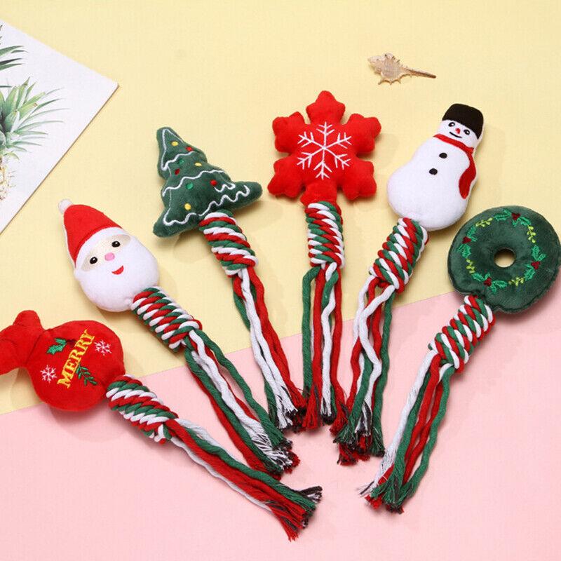 Christmas Pet Dog Chew Toys Braided Cotton Rope Santa Xmas Tree Snowman Gift DH