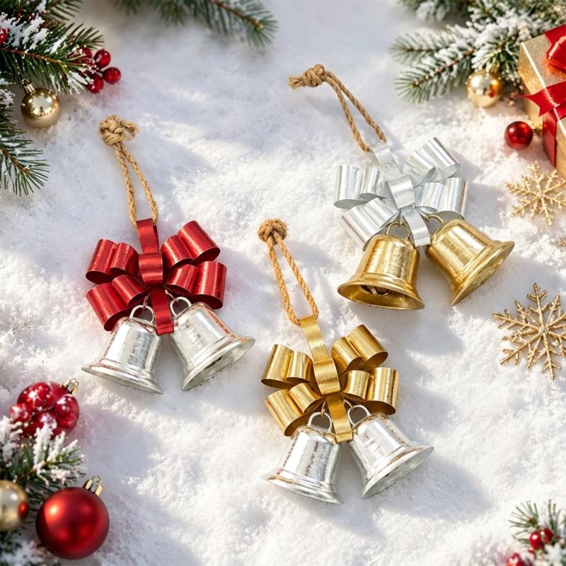 Three-Dimensional Metal Christmas Bowknot Decoration with 2 Iron Bells and Top Hanging Loop for Storefronts and Hotel Lobbies