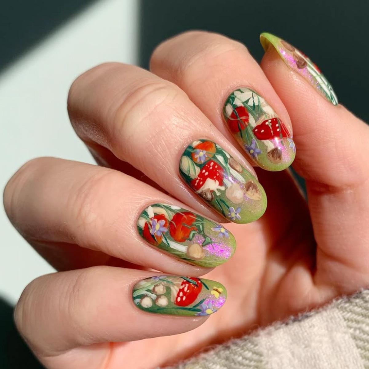 

Removable Oval Fake Nails - Summer Green Mushroom Print for Manicure