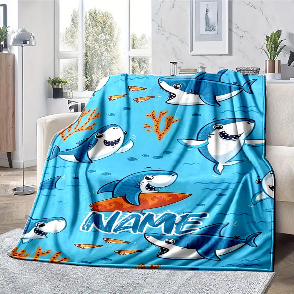 Custom Name Shark Theme Printed Blanket - Perfect for Couch, Bed, Travel & Outdoor Use | Machine Washable, Cozy & Durable.