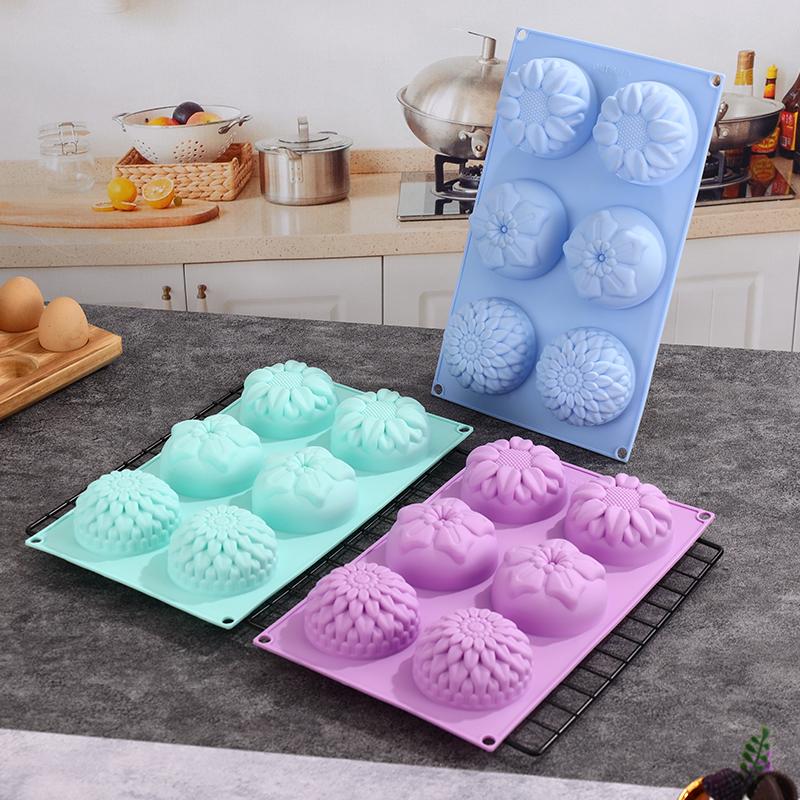 6-Cavity Silicone Flower Shape Cake Molds Fondant Shape Decorating Ice Cube Trays for Homemade Cake Chocolate Cupcake