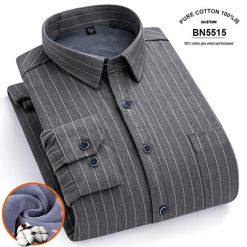 Men's Long Sleeve Cotton Plaid Shirt with Velvet Lining