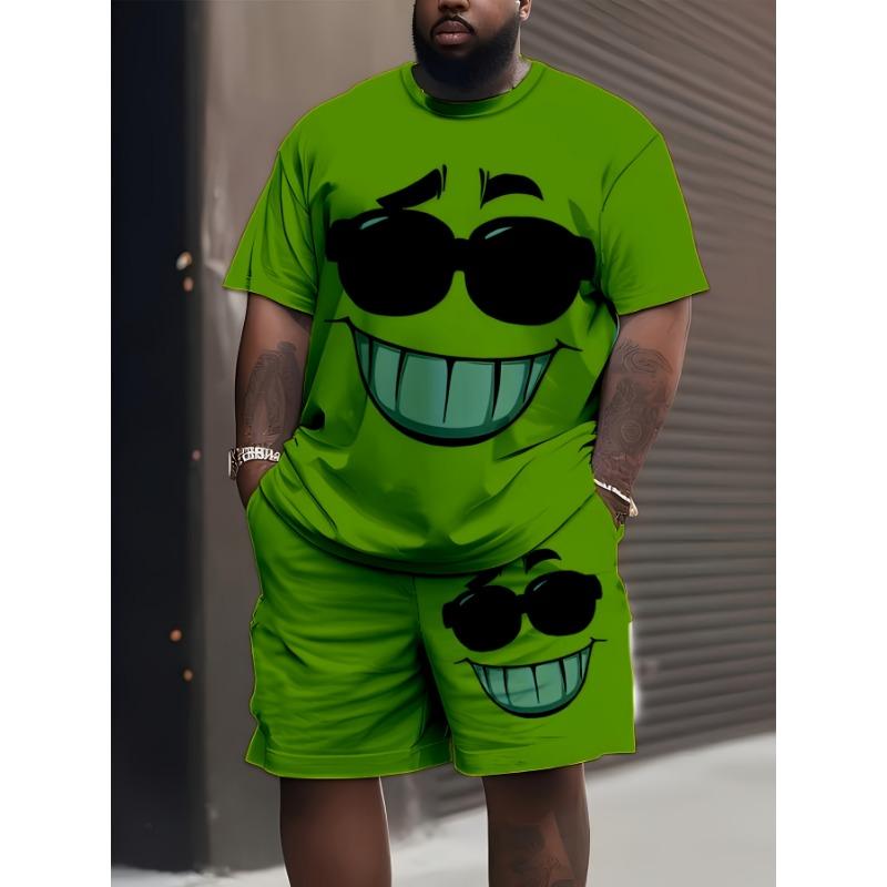 Große Größe neuer Sommer Herren Kurzarm-Shorts-Anzug [bedrucktes Design - keine Textur] Sommer Herren Kreatives Cooles Glückliches Muster Bedruckter Anzug