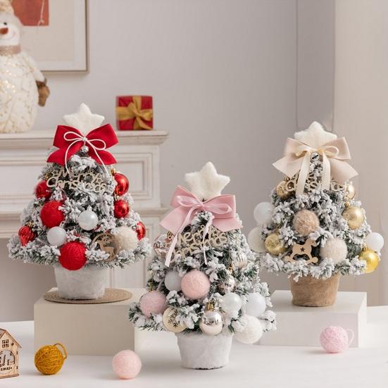 Mini Snow Flocked Christmas Tree Tabletop Artificial Christmas Tree with LED Lights Small Pine Tree with Balls And Bow for Desk Windowsill Decor