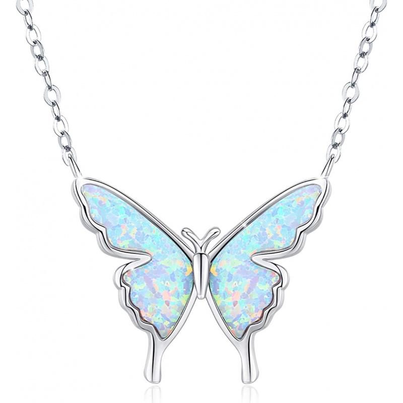 Opal Butterfly Necklace for Women Sterling Silver Dainty Cute Butterfly Charm Jewelry Delicate Pendant WHITE