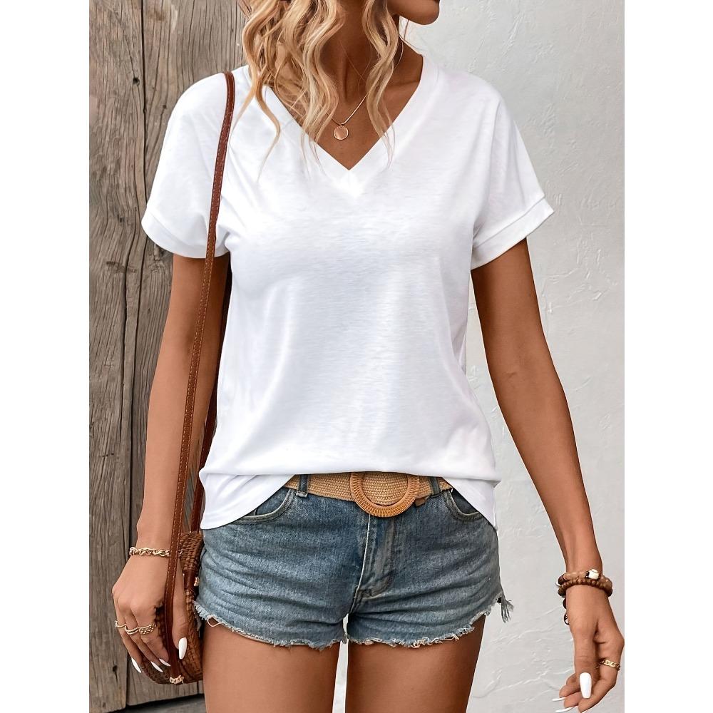 2026 Summer New Women s White V-Neck T-Shirt Loose Short Sleeve Casual Basic Top S