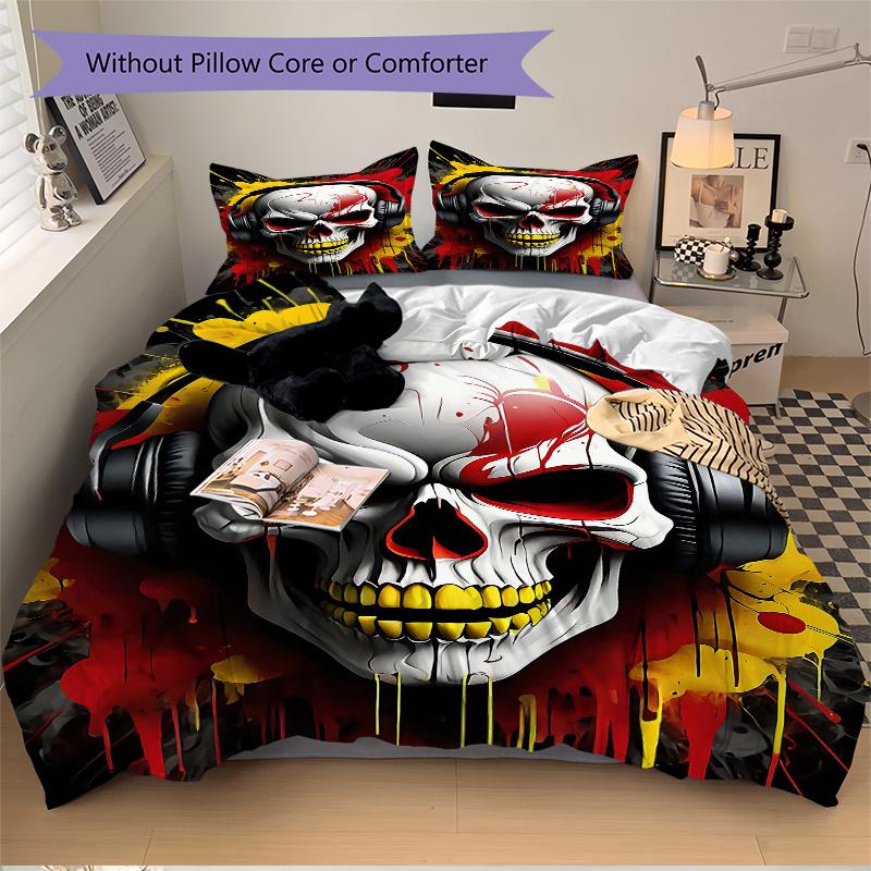 3pcs Headphones of Death Pattern Bedding Three-Piece Set (1 Cover + 2 Pillowcases, No Fillings), This Printed Bedding Set Is