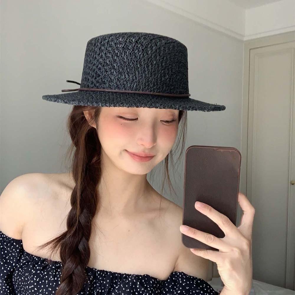 Sun Protection Straw Boater Hat Breathable Mesh Flat Top Beach Hat Handwoven Sun Cap Resort Wear