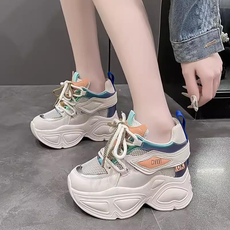 Fashion Women Chunky Sneakers 2024 Spring Breathable Mesh Casual Shoes 9CM Wedge Heels Platform Shoes Chaussures Femme Sports Dad Shoes