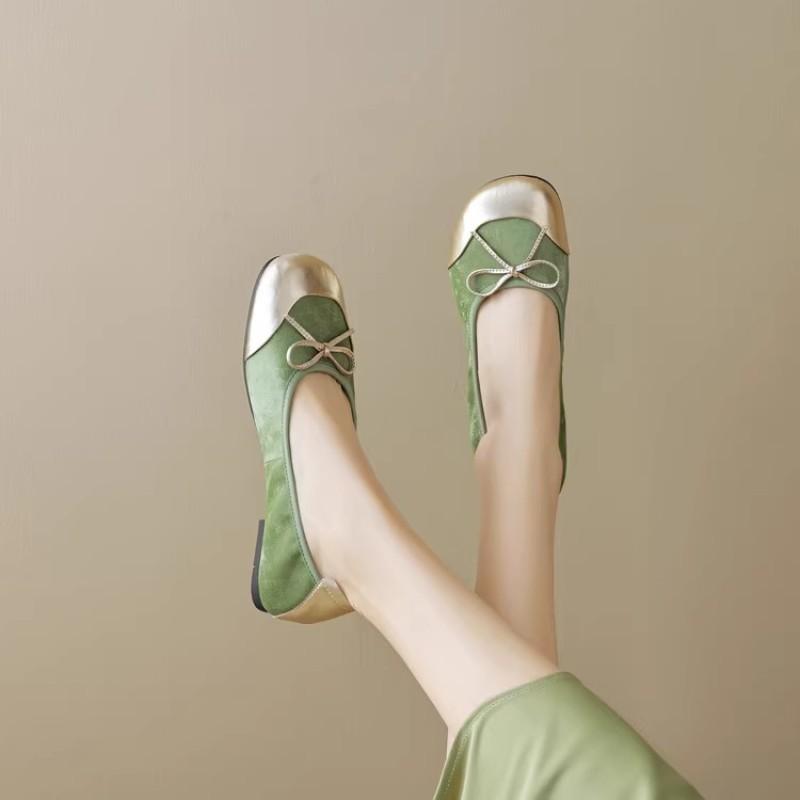 Retro color matching ballet flats women's spring summer bow doll head shoes