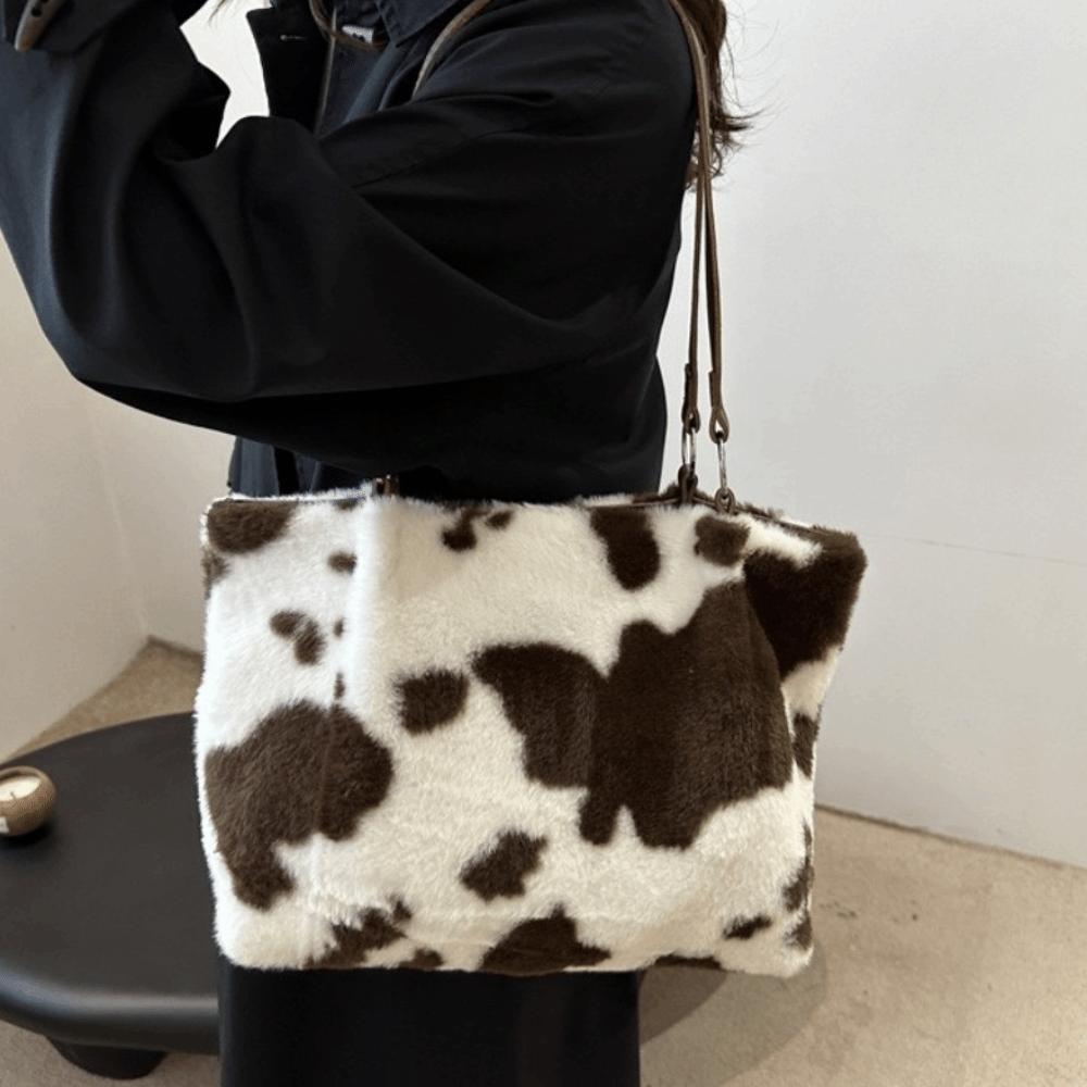 Large Capacity Plush Tote Bag Durable Underarm Bag Fashion Cow Print Shoulder Bag  Winter
