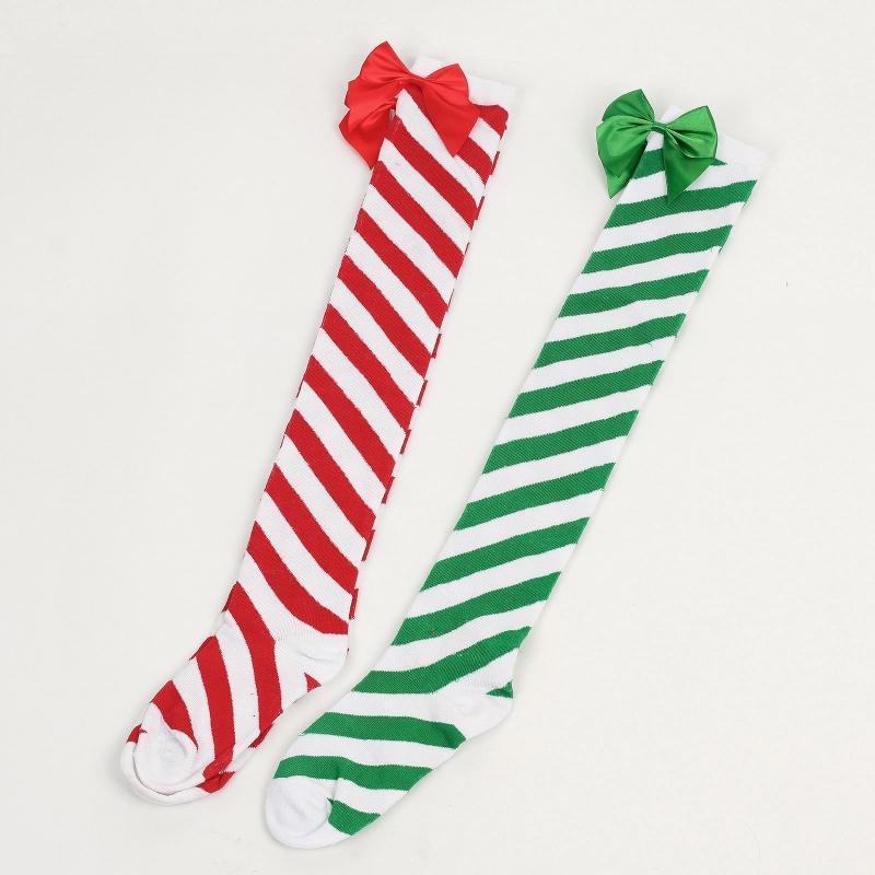 Striped Stockings For Women Over The Knee Long Socks Christmas Green Red Bowknot Long Socks Female Leg Stocking