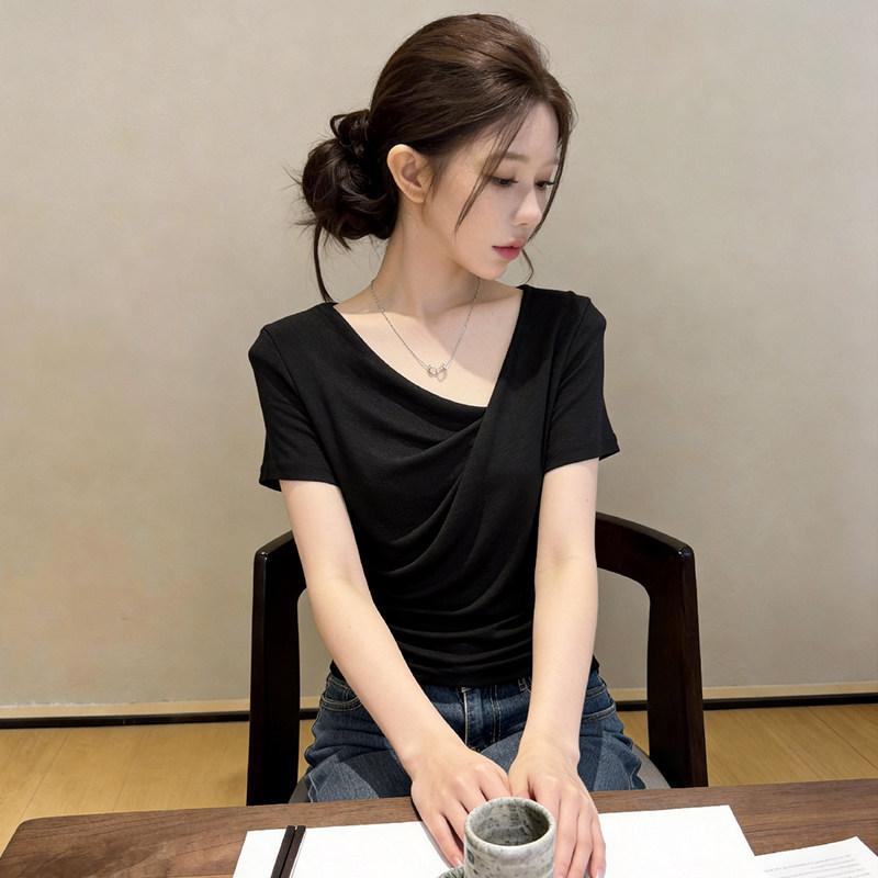 Light and mature style Irregular short-sleeved women's summer temperament Swinging collar bottoming top Waist pleated Spice girl style T-shirt inside