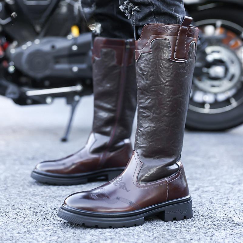 Stivali da uomo a metà polpaccio Alta qualità Pelle verniciata Casual Stivali a tubo lungo Moda Stivali da motociclista Stivale da cavaliere da uomo Botas Hombre