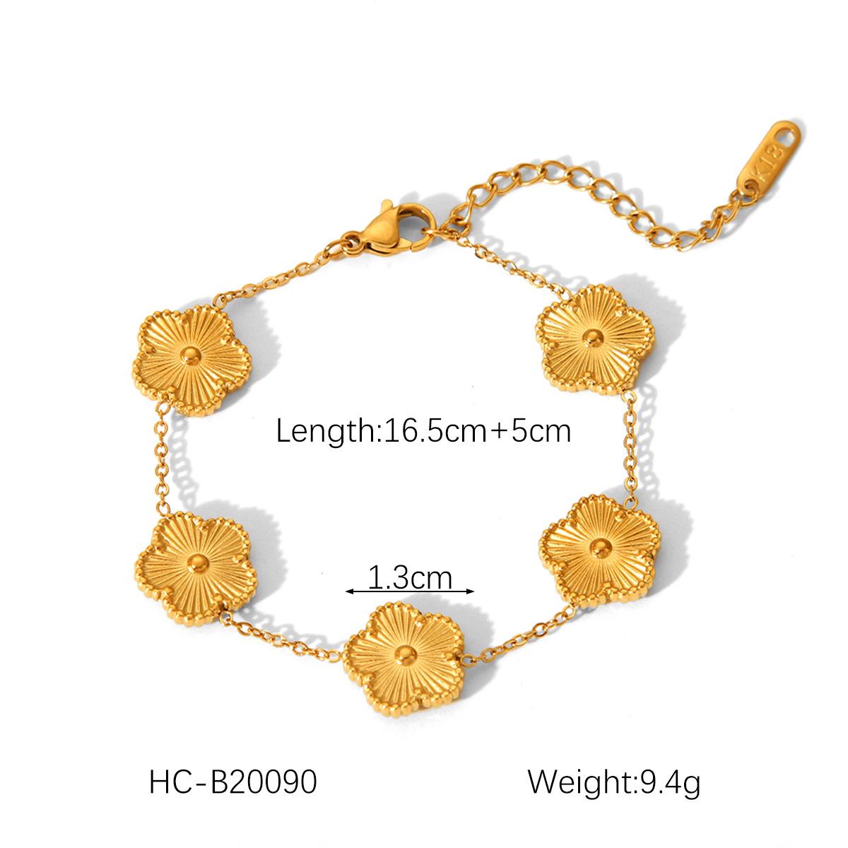 Titanium Steel Gold Plated Double Sided Five Petal Flower Lucky Four Leaf Clover Bracelet Jewelry