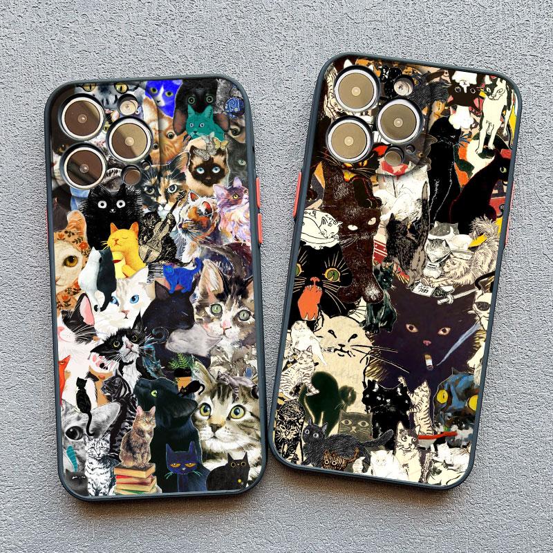 Retro Black Cat White Kitten Illustration Phone Case For iPhone 17 16 15 14 13 11 12 Pro Max Mini 15 16 Plus Case Cute Cartoon
