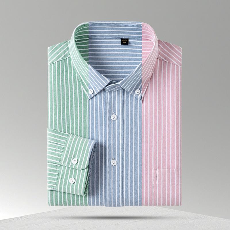 Striped Oxford Shirts for Men Long Sleeve 100% Cotton Mens Dress Shirt Work Casual Button Down Shirts with Front Pocket Slim Fit