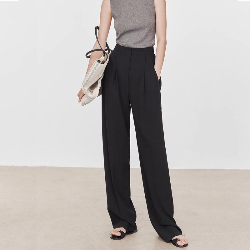 2026 Spring/Summer Women's Gray High-Waisted Wide-Leg Pants - Casual, High-End, Long, Straight-Leg Style